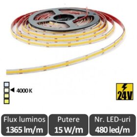 Bandă LED COB 15W/m CRI90 480led/m 24V, rolă 5m, alb-neutru