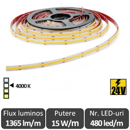 Bandă LED COB 15W/m CRI90 480led/m 24V, rolă 5m, alb-neutru
