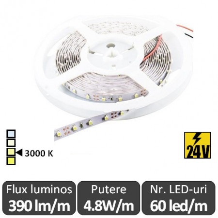 Banda LED - SMD 4.8W/m 60led/m CRI90 24V rolă 5m alb-cald 3000K