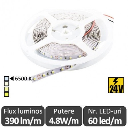 Banda LED - SMD 4.8W/m 60led/m CRI90 24V rolă 5m alb-rece 6500K