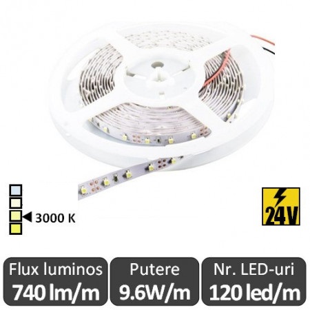 Bandă LED - SMD 9.6W/m CRI90 24V 120led/m rolă 5m alb-cald/3000K