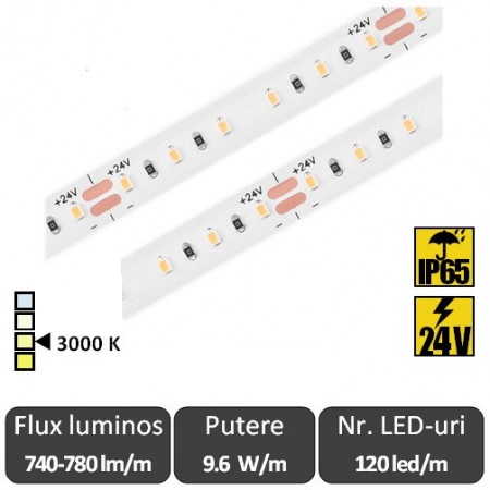 Banda LED - SMD 9.6W/m IP65 CRI90 24V 120led/m rolă 5m 3000K cald