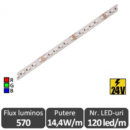 Banda LED - RGB 120led/m 14.4W/m IP20 24V, rolă 5m