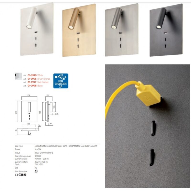 Alternative view of Aplica Redo Brook Echipată cu port USB și întrerupătoare.