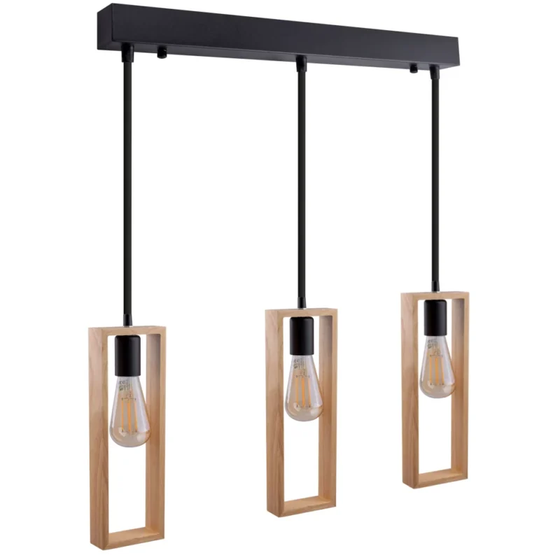 Alternative view of Lustra suspendata moderna din lemn natural, structura metalica, negru mat, 3 x E27 QM016/3