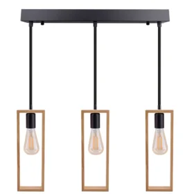 Lustra suspendata moderna din lemn natural, structura metalica, negru mat, 3 x E27 QM016/3