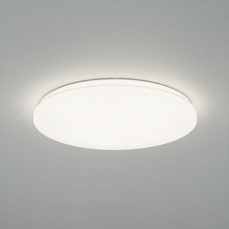 Round white ceiling light fixture emitting a soft glow on a plain ceiling.