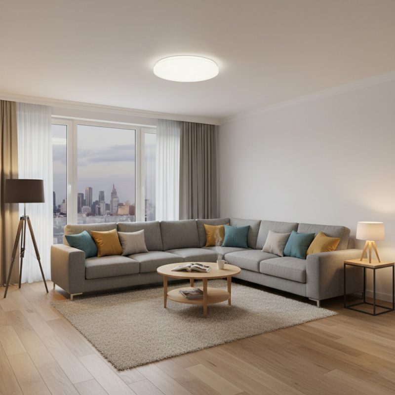 Cozy modern living room with a gray L-shaped sofa, colorful cushions, round coffee table, and city skyline visible through large windows