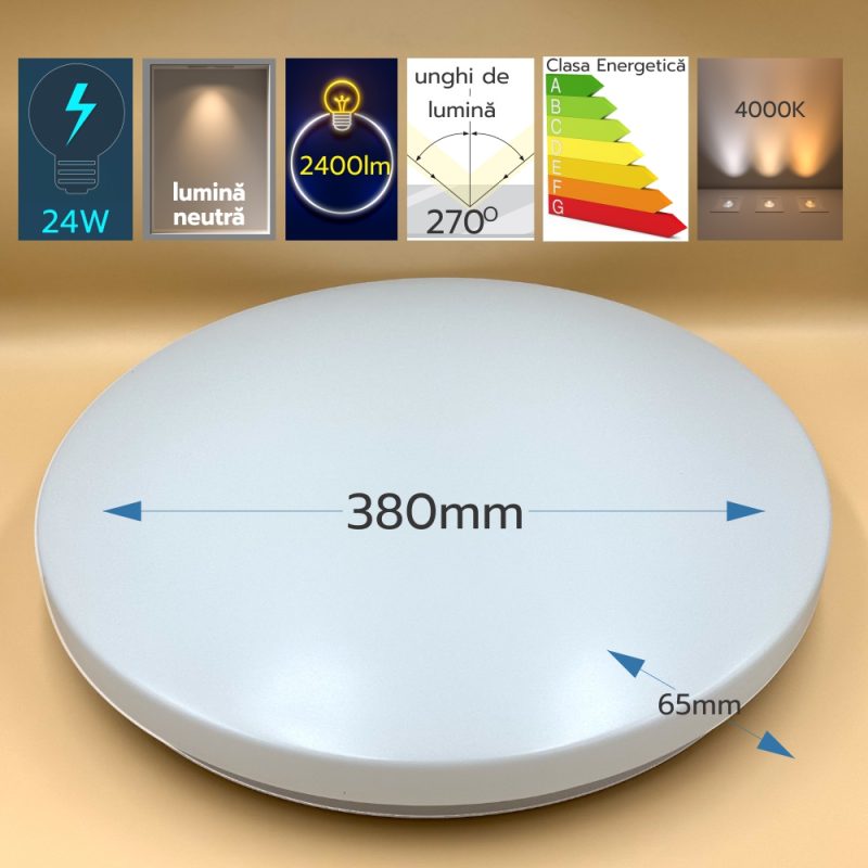 White circular LED panel light, 380 mm diameter and about 65 mm thick, shown with feature icons above (24W, 2400 lm, 4000K)