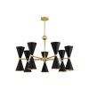 Gold chandelier with multiple black cone-shaped shades on a gold frame, hanging from a ceiling mount (decorative lighting)