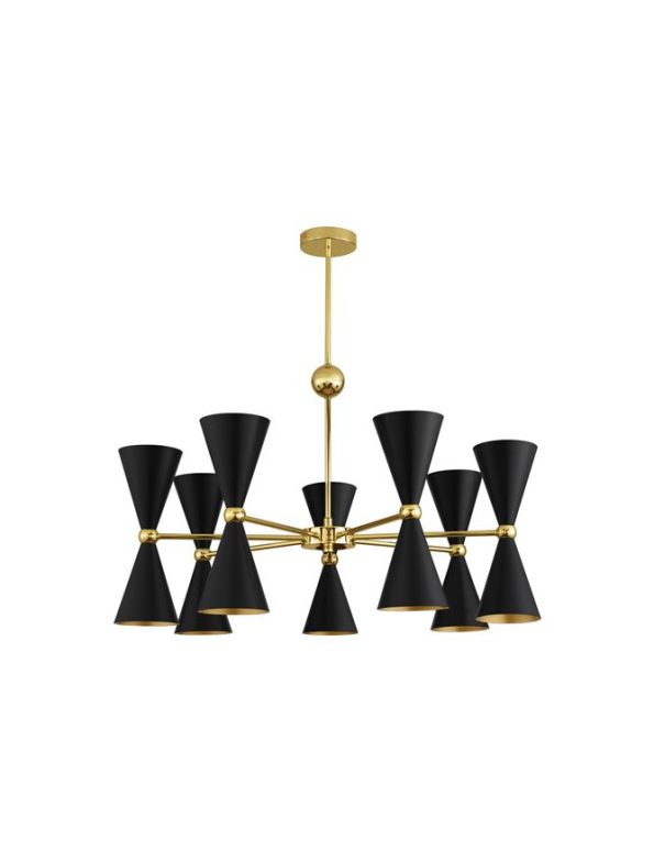 Gold chandelier with multiple black cone-shaped shades on a gold frame, hanging from a ceiling mount (decorative lighting)