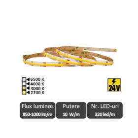 Bandă LED COB 10W/m 320led/m CRI90 24V, rolă 5m