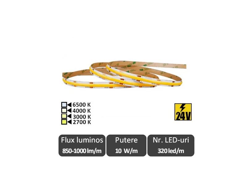 Bandă LED COB 10W/m 320led/m CRI90 24V, rolă 5m