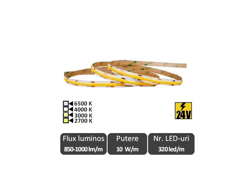 Bandă LED COB 10W/m 320led/m CRI90 24V, rolă 5m