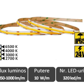Bandă LED COB 10W/m, 24V IP65, rolă 5m