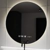 Round backlit bathroom mirror above a sink, with a digital clock showing 13:48 and small icons on the display.