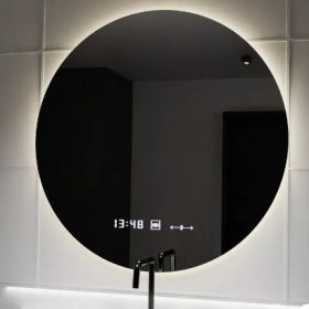 Oglinda LED Rotunda, 70cm, SELENA, Sistem Dezaburire, Ceas & Termometru, Dimabila, 3 Tipuri de lumina
