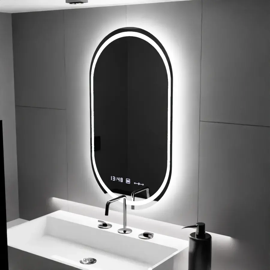 Oglinda LED Senzor MotionGlow Aurora cu functie Dezaburire Termometru Ceas Ovala 50x80 cm Lumina Rece/Calda/Neutra Dimabila - imagine 3