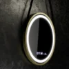 Oglinda LED Senzor Rotunda Diametru 60 cm Lumina Rece/Calda/Neutra Dimabila Sistem Dezaburire Termometru si Ceas Rama Auriu Periat , Curea Piele Ecologica