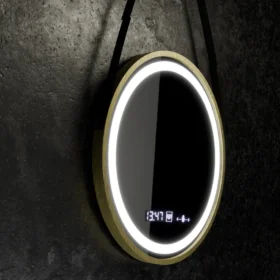 Oglinda LED Senzor Rotunda Diametru 60 cm Lumina Rece/Calda/Neutra Dimabila Sistem Dezaburire Termometru si Ceas Rama Auriu Periat , Curea Piele Ecologica