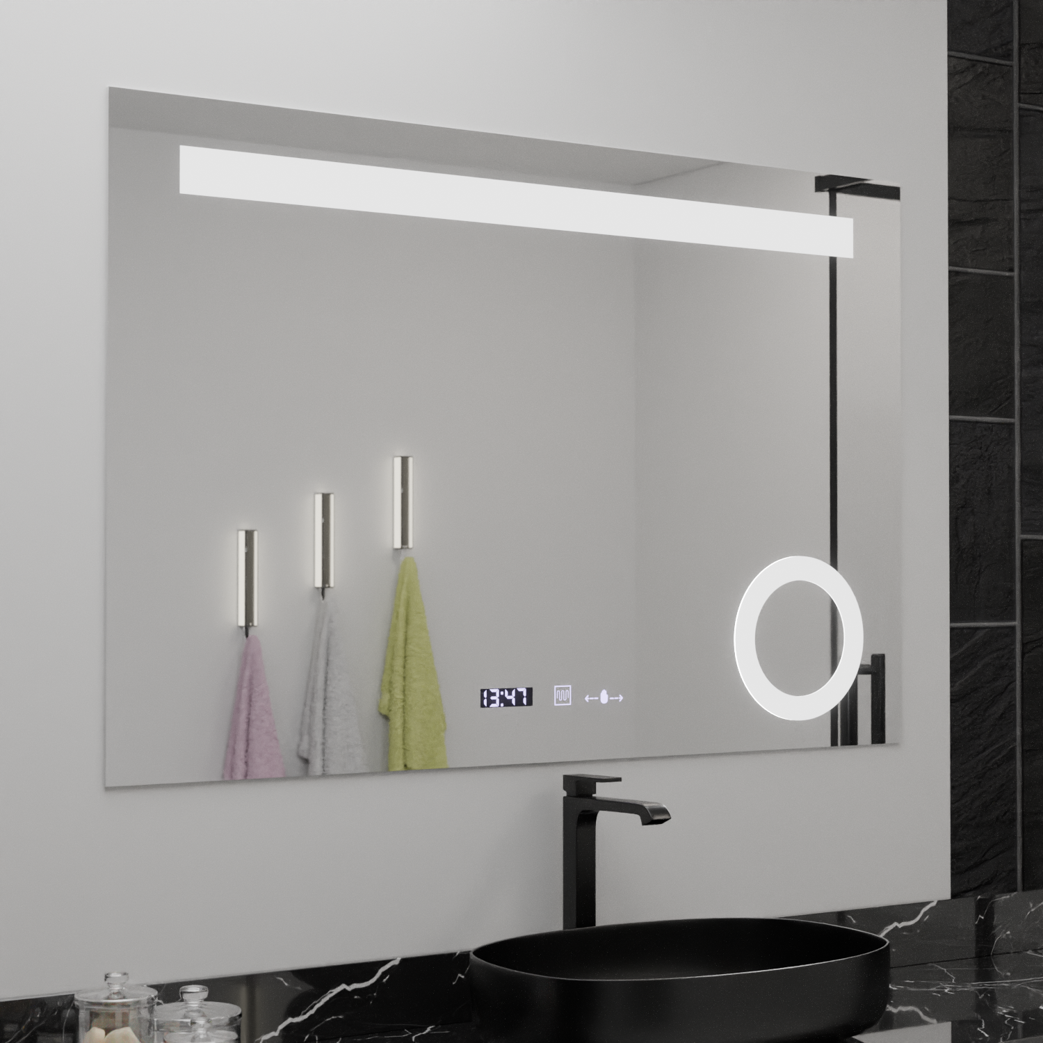 Oglinda LED100x75 – Lupa Cosmetica, Sistem Dezaburire, Termometru si Ceas, Dimabila - imagine 4
