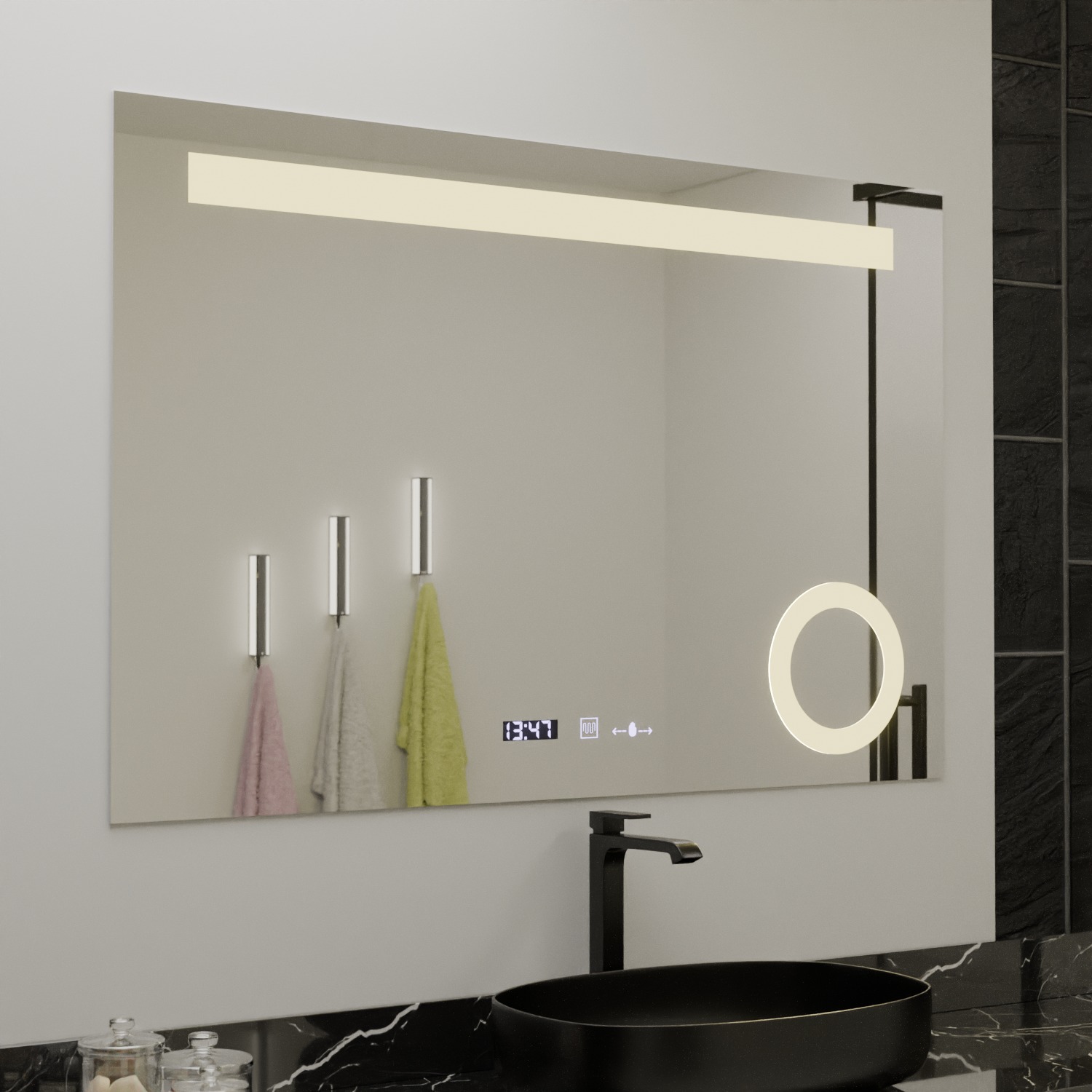 Oglinda LED100x75 – Lupa Cosmetica, Sistem Dezaburire, Termometru si Ceas, Dimabila - imagine 6