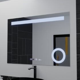 Oglinda LED100x75 – Lupa Cosmetica, Sistem Dezaburire, Termometru si Ceas, Dimabila