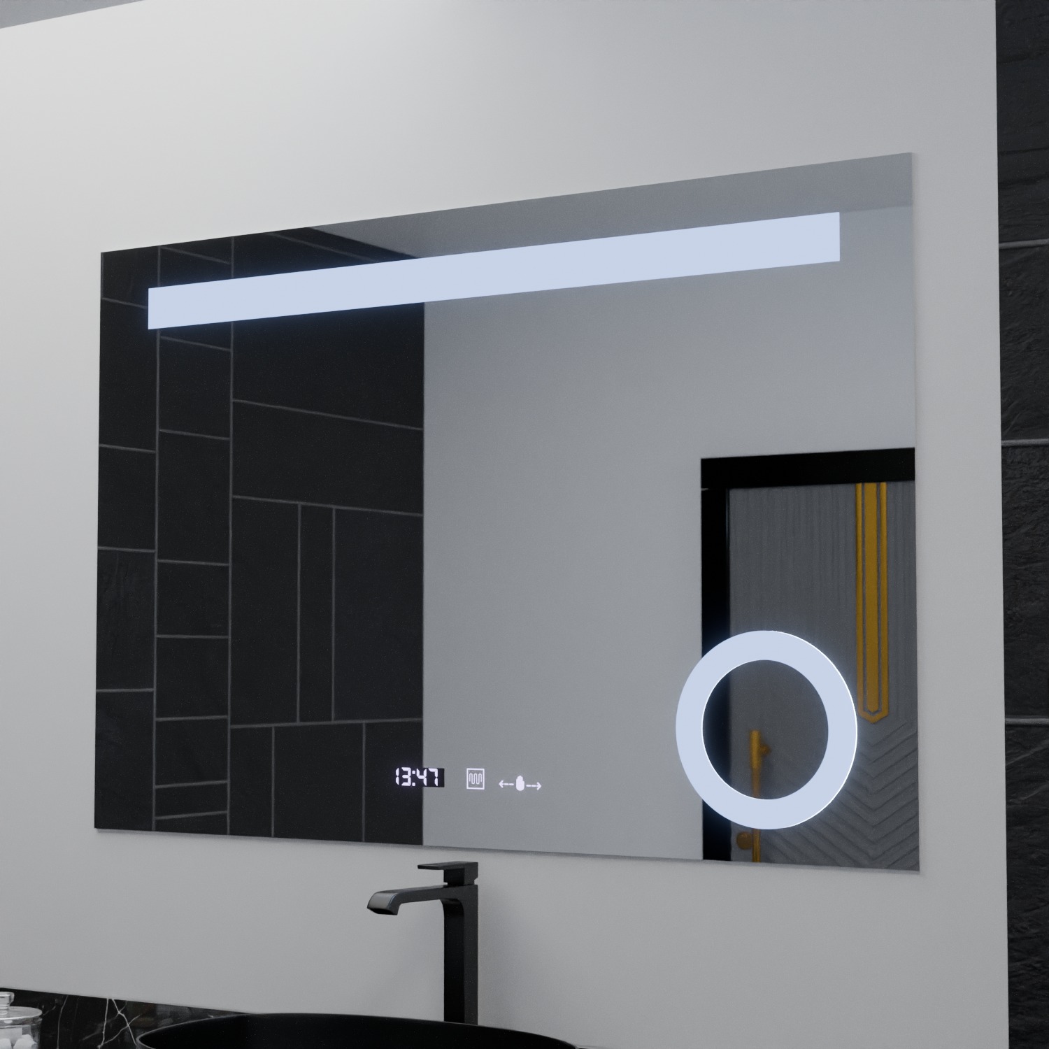 Oglinda LED100x75 – Lupa Cosmetica, Sistem Dezaburire, Termometru si Ceas, Dimabila