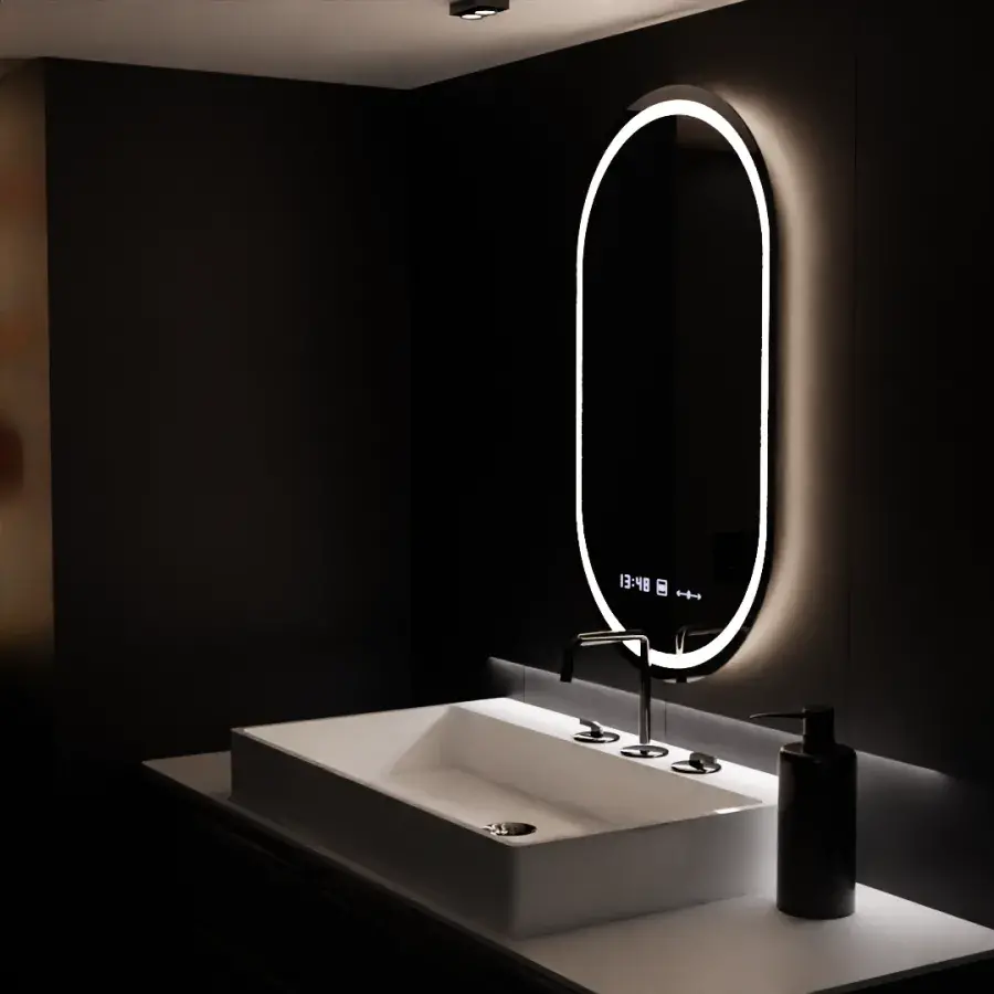 Oglinda LED Emily Ovala, 60x80cm,Sistem Dezaburire, Ceas & Termometru, Dimabila - imagine 4