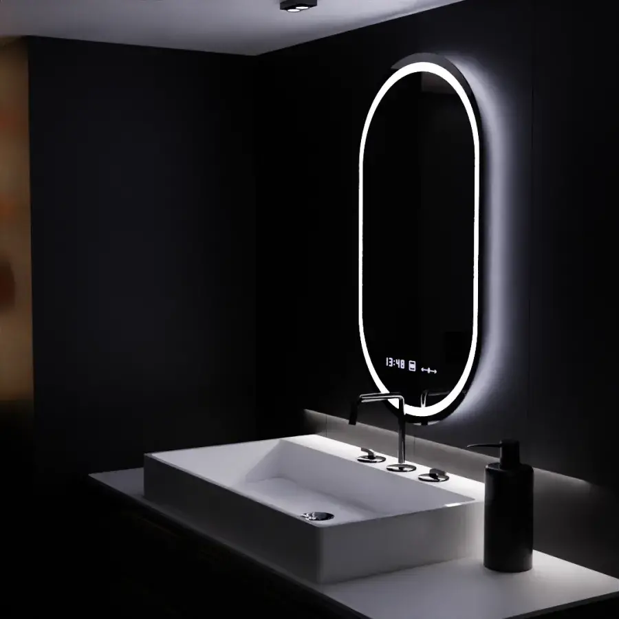 Oglinda LED Emily Ovala, 60x80cm,Sistem Dezaburire, Ceas & Termometru, Dimabila - imagine 3