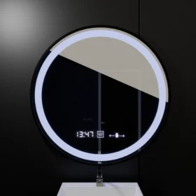 Oglinda LED Rotunda, 60cm, Sistem Dezaburire, Ceas & Termometru, Dimabila