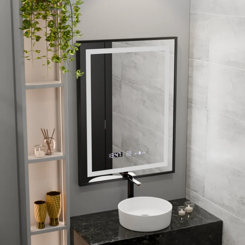 Oglinda LED Imperial Black 60x80cm Sistem Dezaburire, Ceas & Termometru, 3 Tipuri de lumina,Dimabila