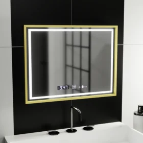 Oglinda LED Imperial Gold 80x60cm Sistem Dezaburire, Ceas & Termometru, 3 Tipuri de lumina,Dimabila