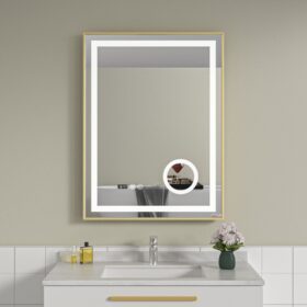 Oglinda baie LED 60x80 led cu lupa. Rama aurie din aluminiu