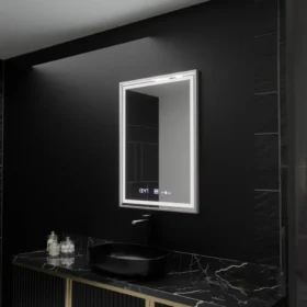 Oglinda LED Imperial Silver 60x80cm Sistem Dezaburire, Ceas & Termometru, 3 Tipuri de lumina,Dimabila