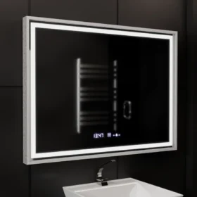 Oglinda LED Imperial Silver 80x60 cm Sistem Dezaburire, Ceas & Termometru, 3 Tipuri de lumina,Dimabila