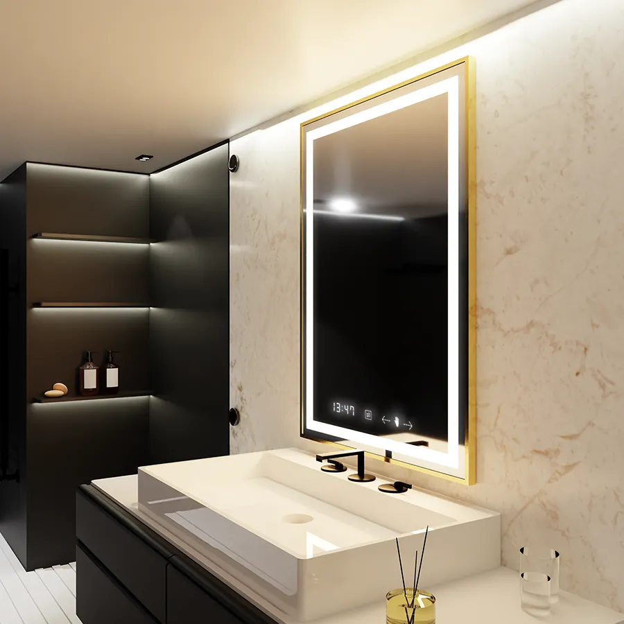 Oglinda LED Imperial Gold 60x80cm Sistem Dezaburire, Ceas & Termometru, 3 Tipuri de lumina,Dimabila