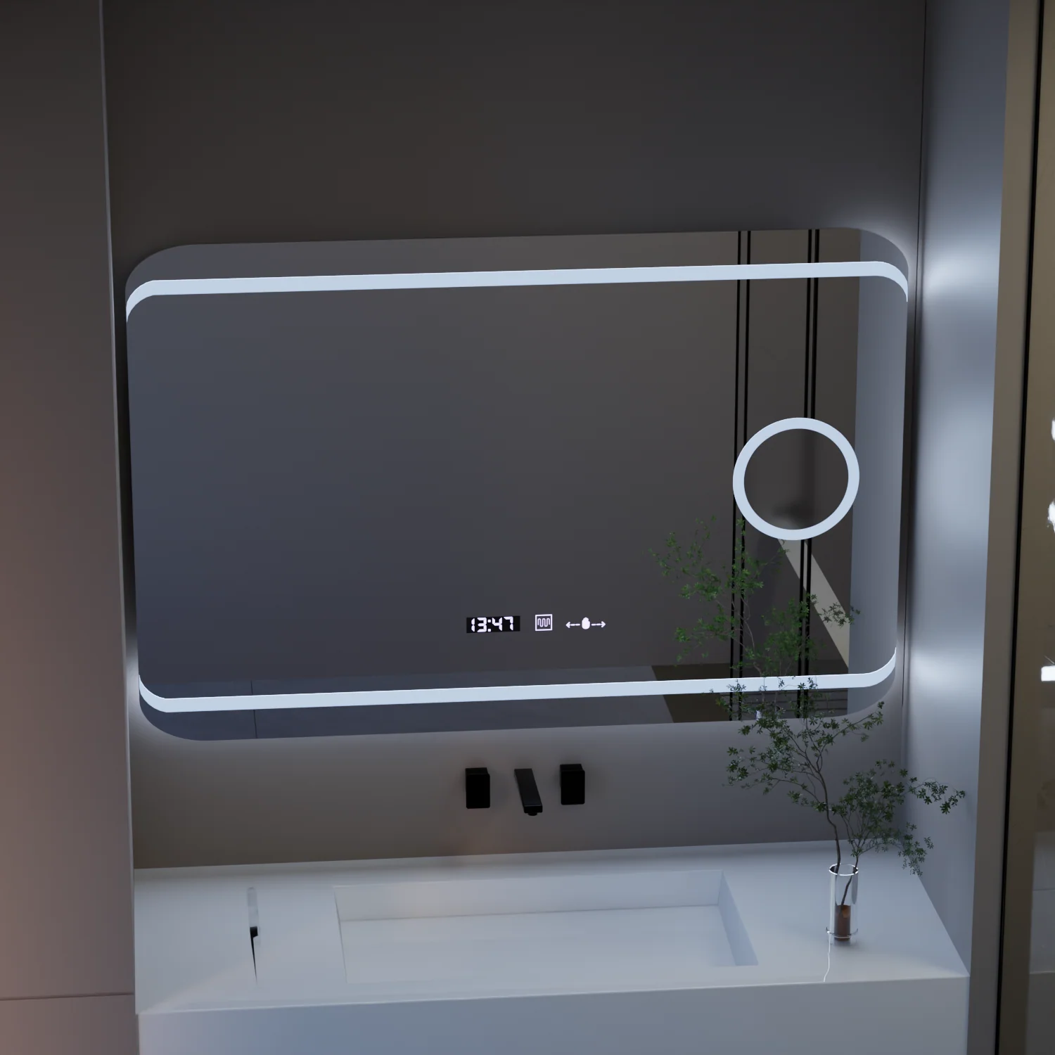 Oglinda LED Rectangulara, 120x80cm, Definite Glow, Sistem Dezaburire, Ceas & Termometru, Lupa Cosmetica, Dimabila - imagine 5