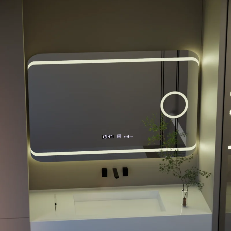 Oglinda LED Rectangulara, 120x80cm, Definite Glow, Sistem Dezaburire, Ceas & Termometru, Lupa Cosmetica, Dimabila
