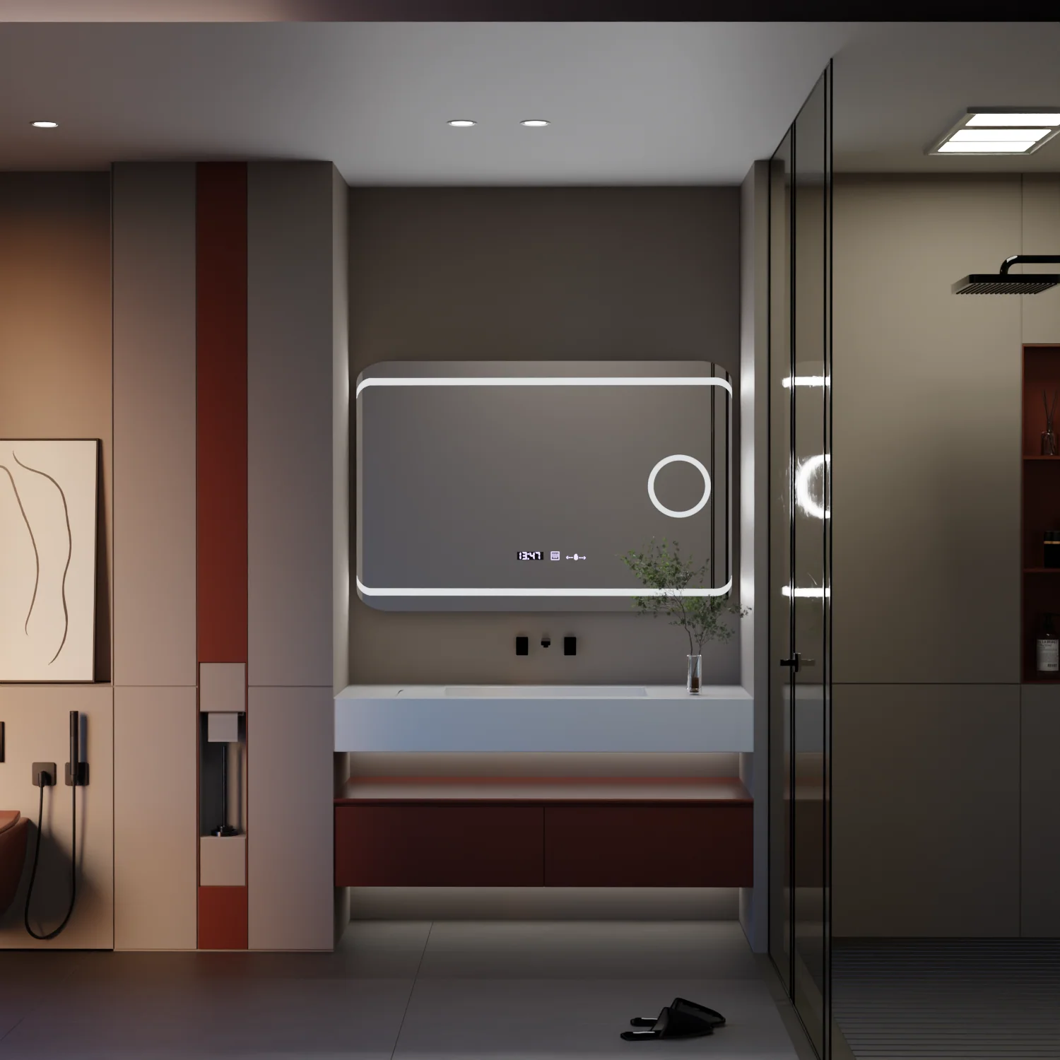 Oglinda LED Rectangulara, 120x80cm, Definite Glow, Sistem Dezaburire, Ceas & Termometru, Lupa Cosmetica, Dimabila - imagine 2