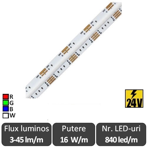 Bandă LED flexibilă COB RGB+W 16W/m 840led/m CRI90 24V IP20