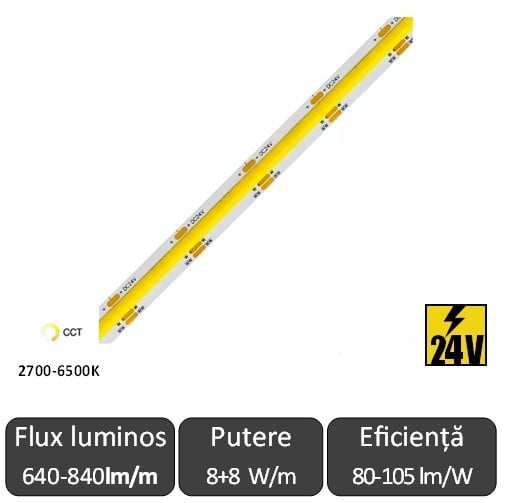 Bandă LED flexibilă COB CCT 16W/m 608led/m CRI90 24V IP20