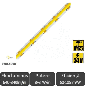 Bandă LED flexibilă COB CCT 16W/m 608led/m CRI90 24V IP65