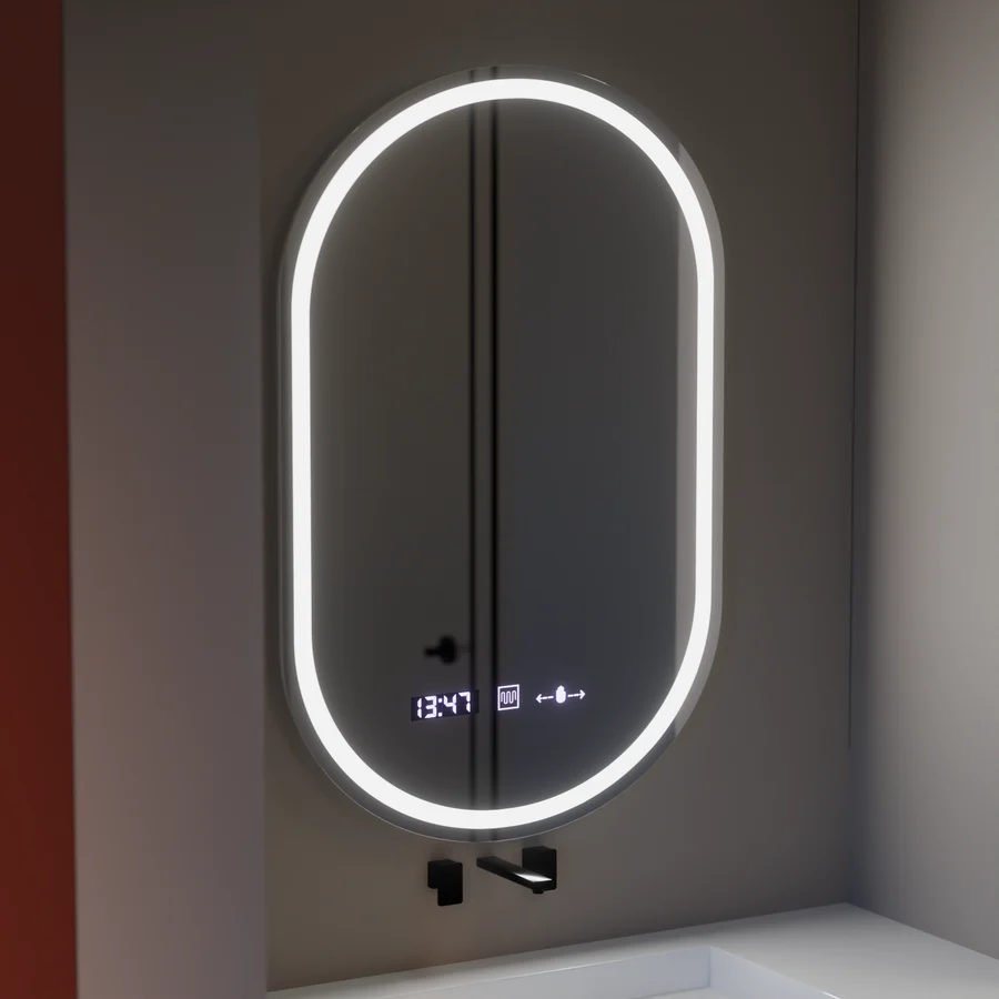 Oglinda LED Senzor MotionGlow Aurora cu functie Dezaburire Termometru Ceas Ovala 50x80 cm Lumina Rece/Calda/Neutra Dimabila - imagine 4