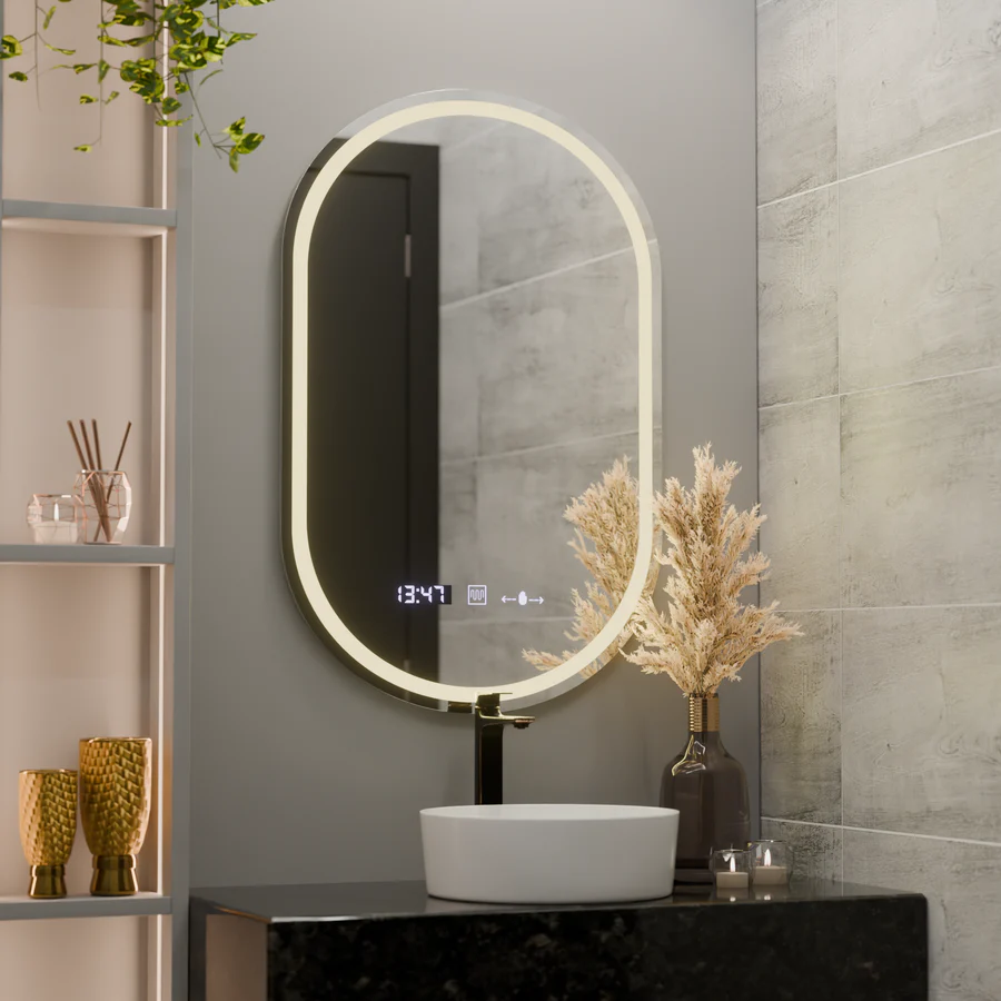 Oglinda LED Senzor MotionGlow Aurora cu functie Dezaburire Termometru Ceas Ovala 50x80 cm Lumina Rece/Calda/Neutra Dimabila - imagine 5