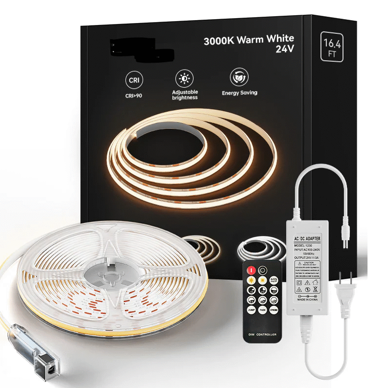 KIT Banda LED COB DVB, cu Telecomanda, Lumina Calda, 3000K, 5m, 14W/m, 24V, Transformator 72W