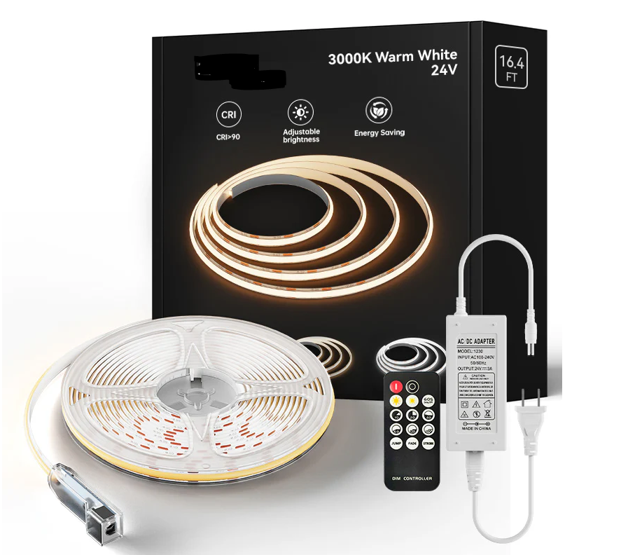 KIT Banda LED COB DVB, cu Telecomanda, Lumina Calda, 3000K, 5m, 14W/m, 24V, Transformator 72W