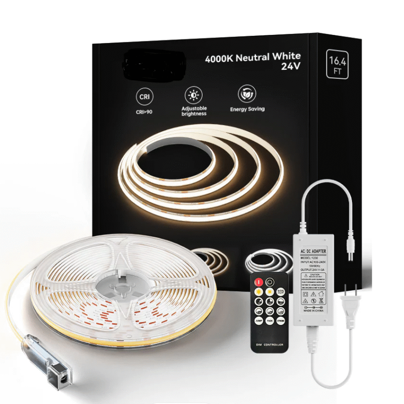 KIT Banda LED COB DVB, cu Telecomanda, Lumina Calda, 4000K, 5m, 14W/m, 24V, Transformator 72W