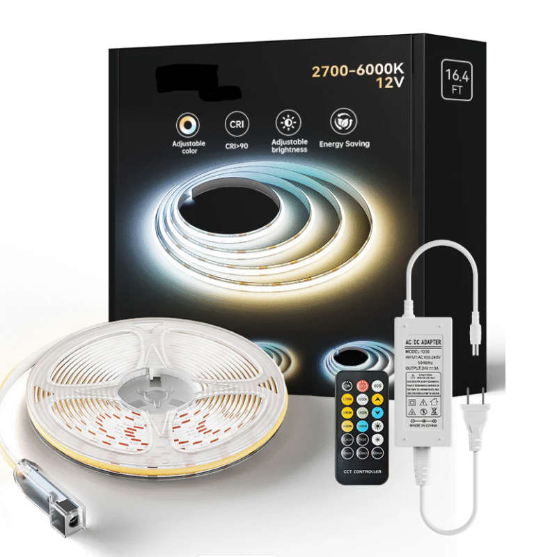 KIT Banda LED COB DVB, CCT, cu Telecomanda, 3 Tipuri de Lumina, 5m, 15W/m, 24V, Transformator 72W