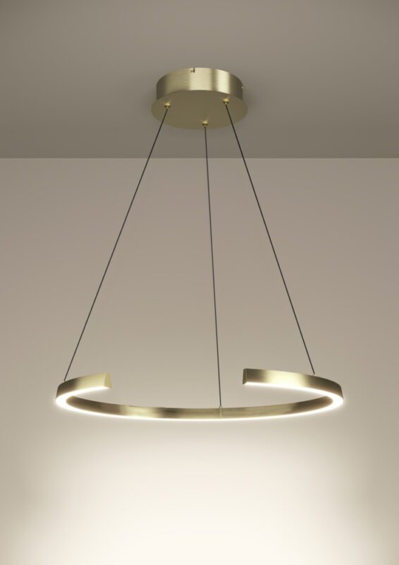 Modern circular pendant chandelier with a gold-tone ring suspended from the ceiling by three cords, emitting soft light downwards.